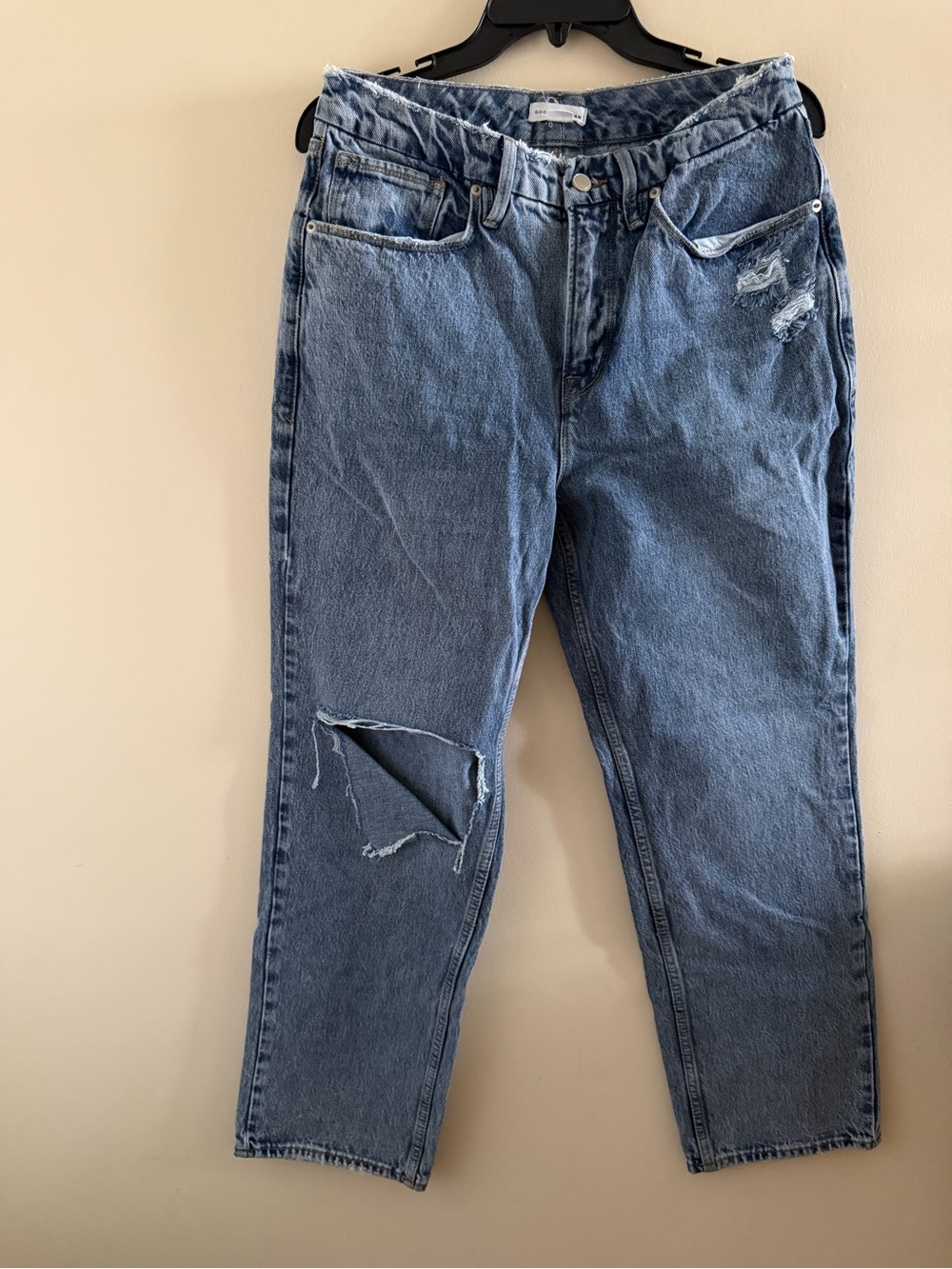 Good American Distressed Straight-Leg Jeans — Blue